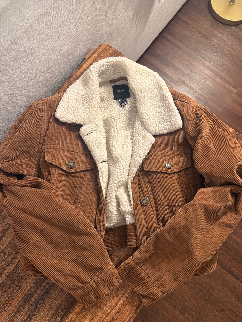 Forever 21 Brown Corduroy Bomber Jacket with Cream Sherpa Lining